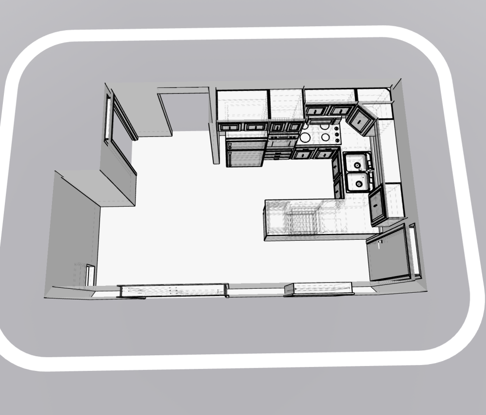 Kitchen with dishwasher, island, pantry, white cabinets and shelves.