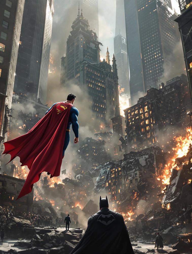 Superman and Batman in flying capes amidst explosion.