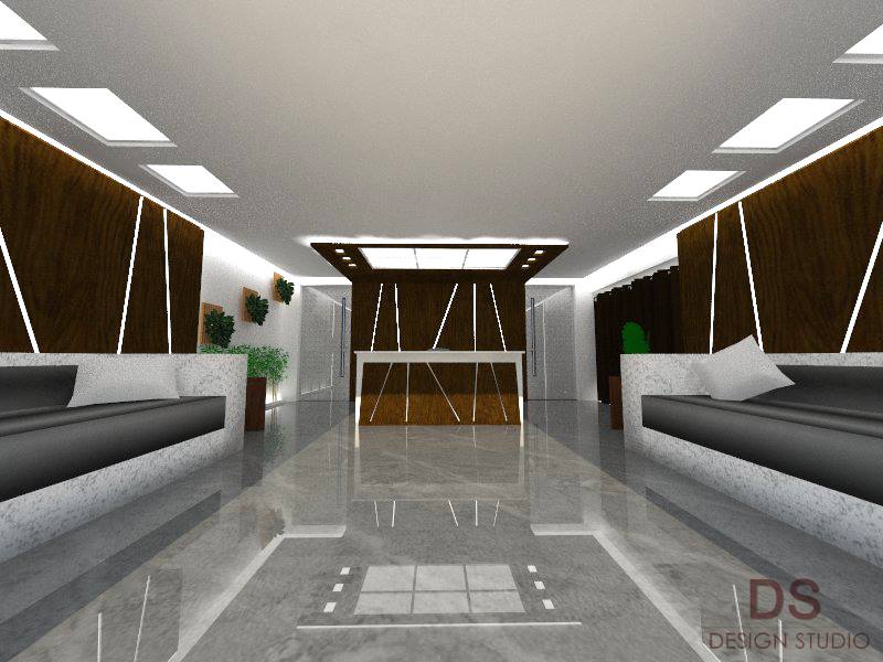 A beautiful office lobby with a reception area.