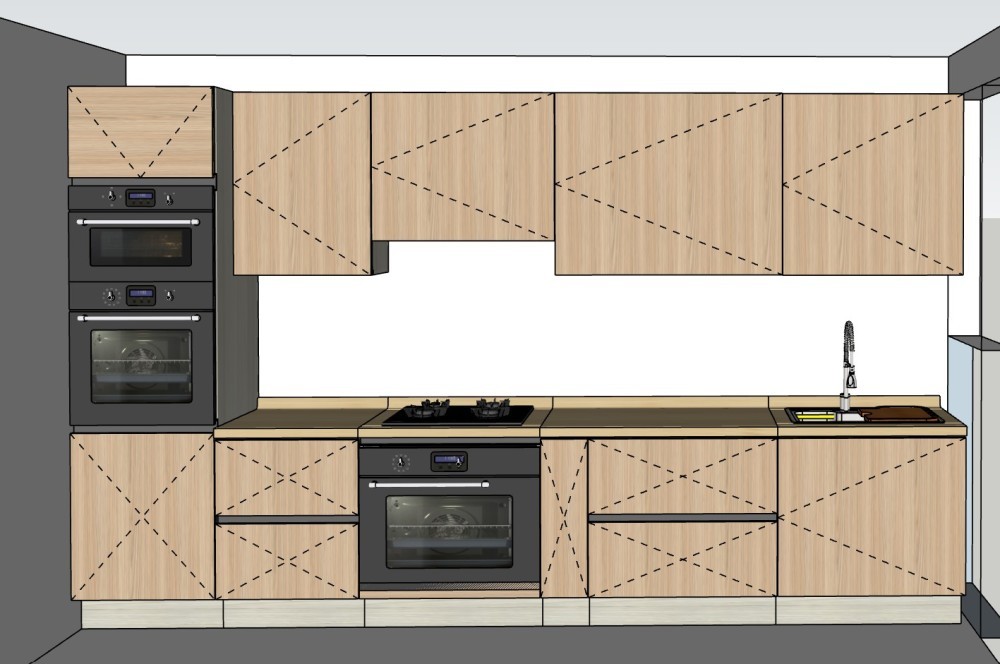 A modern kitchen with marble countertops and oak cabinets.