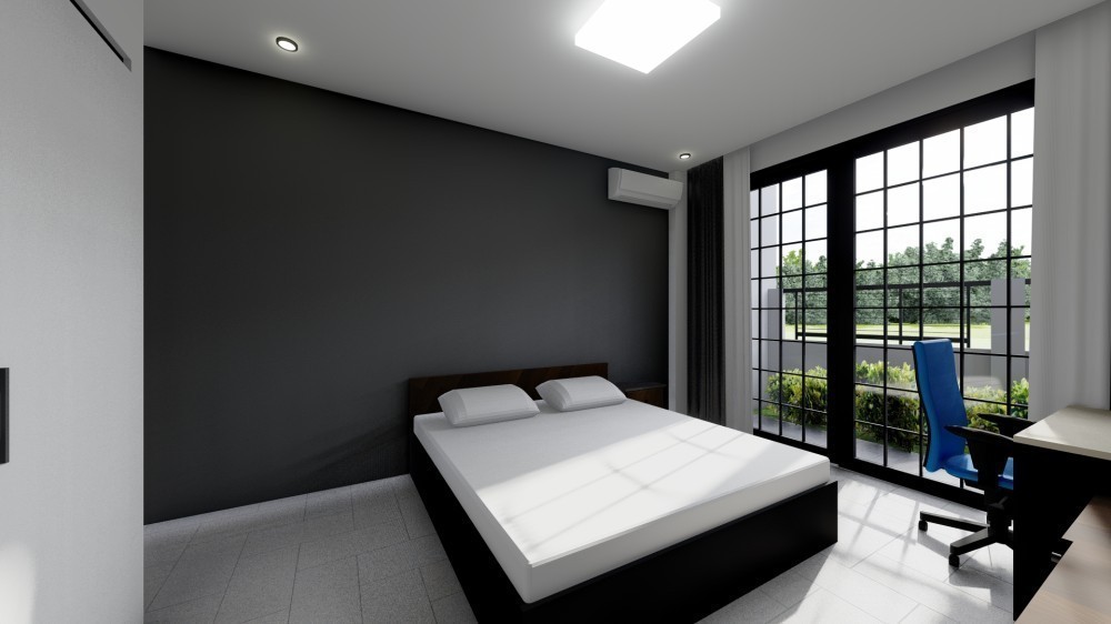 A Sleek Grey, Black, and White Master Bedroom