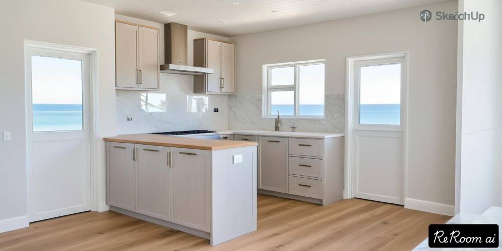 Beachfront Apartment Kitchen with Light Grey Cabinets