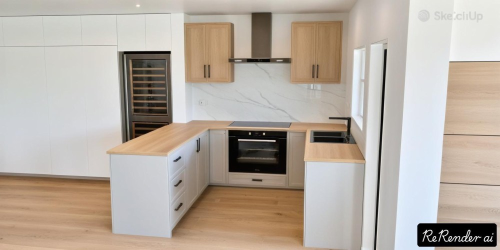 Coastal kitchen with grey, white, and bronze accents.