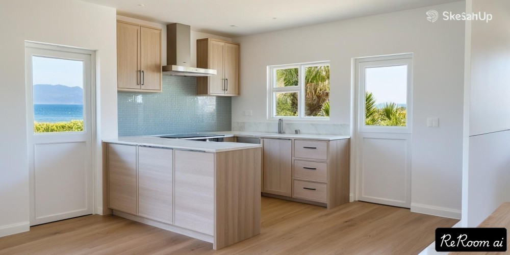 Bright beachfront kitchen with grey and white hues.